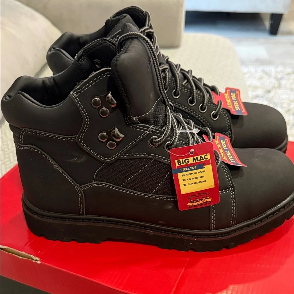 Big Mac Steel Toe Boots Size 7M Black Memory Foam Oil Sleep Resistant Light